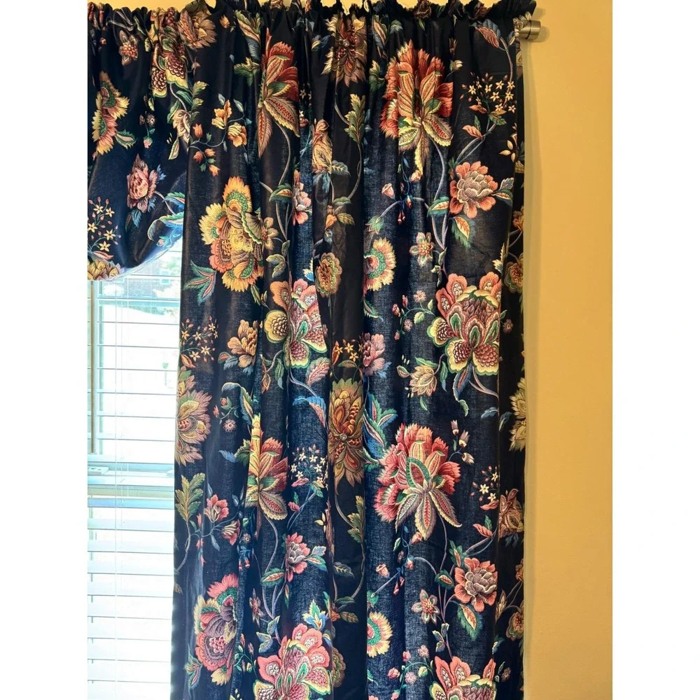 Vintage Navy Blue Floral Chintz‎ 9 Piece Curtain & Balloon Valance Set Lined 80s